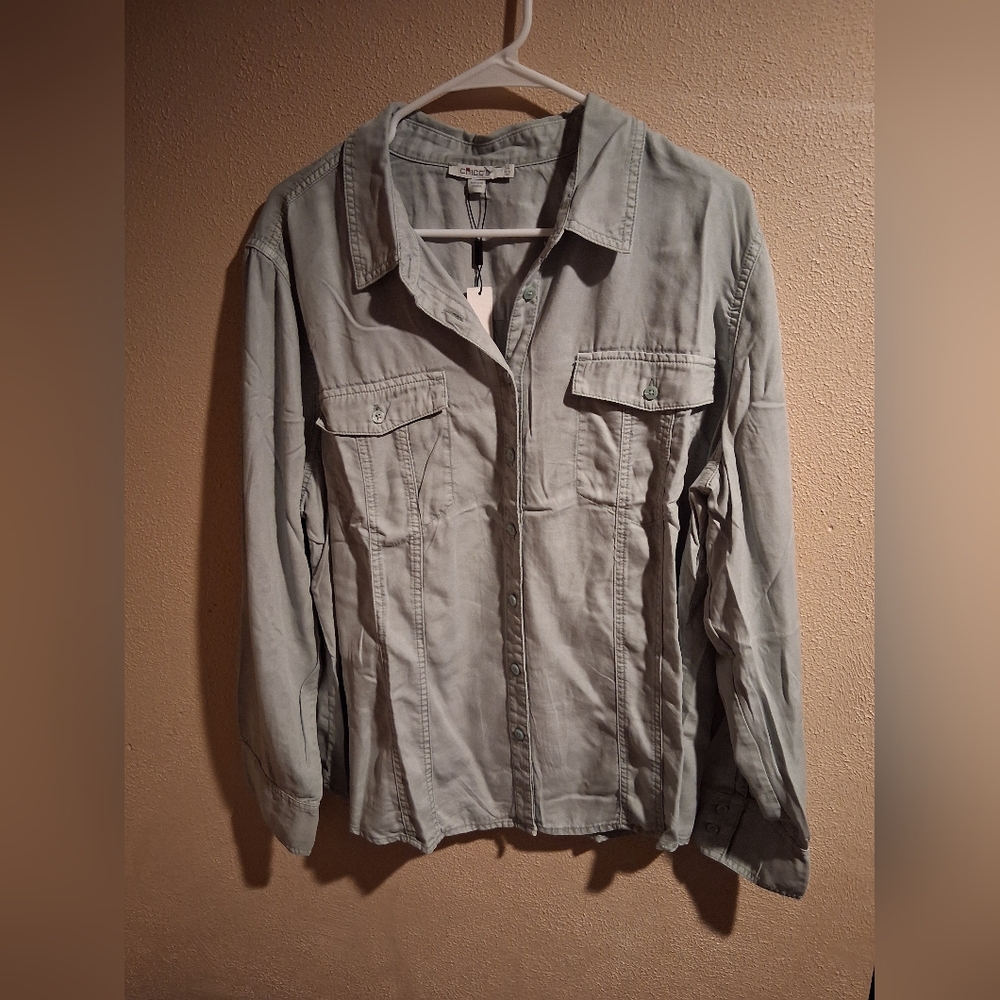 Chico's NWT Denim Split Cuff Button Down Top Cham… - image 2